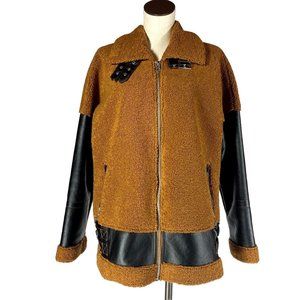 Missguided NWT Women's Size 10 Borg Brown Faux Leather Teddy Aviator Jacket